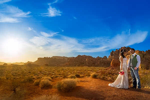 Bride and groom at the Seven Sisters in warm evening light, Valley of Fire State Park